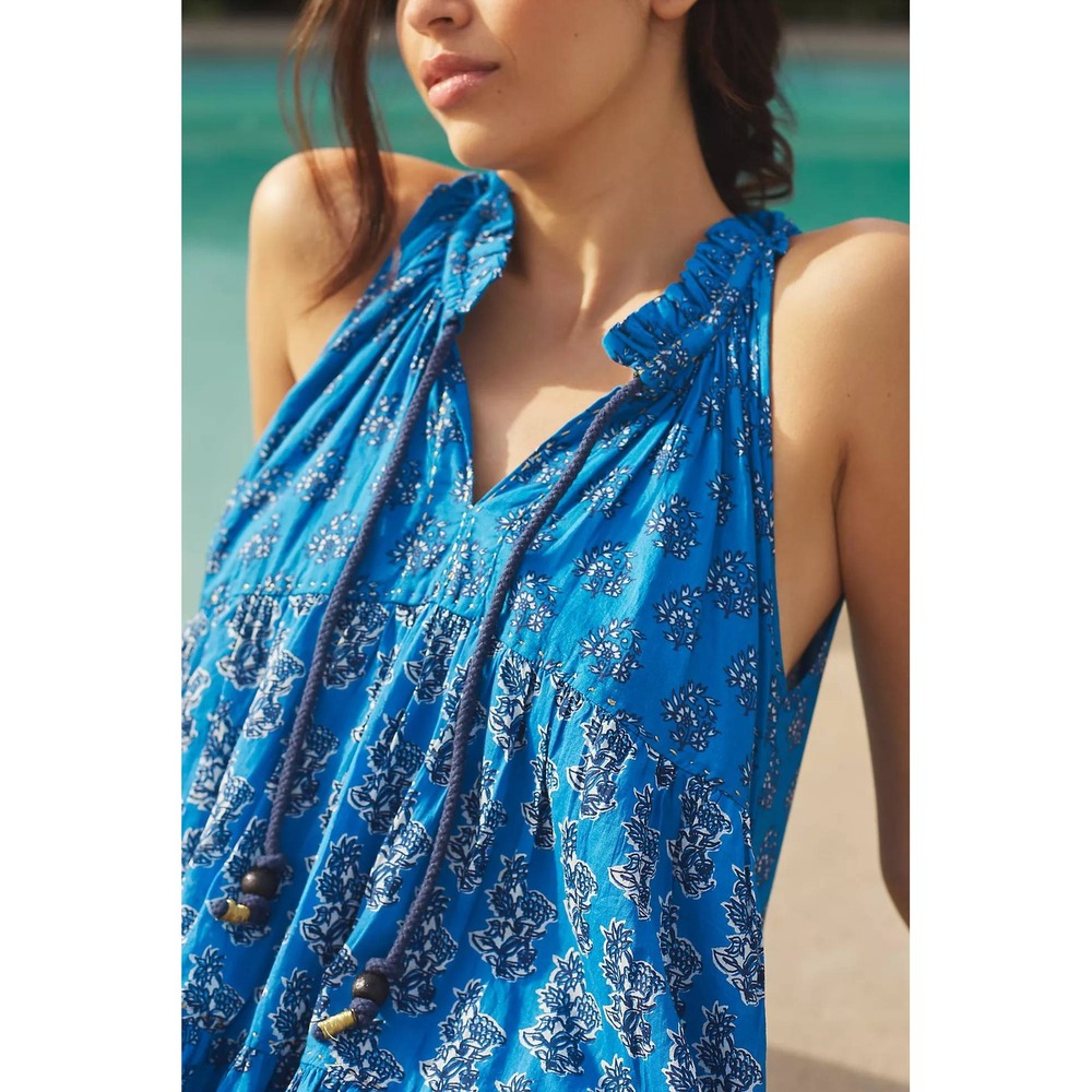 Ro's Garden Anthropologie Blue Sofia Tiered Mini Dress Boho Size Medium - Picture 3 of 12